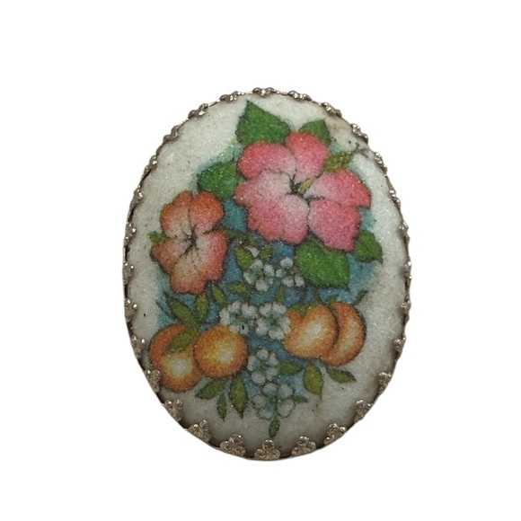 Vintage West Germany Sugar coated Brooch Hibiscus and Peaches, gold edged, pin - Picture 1 of 4
